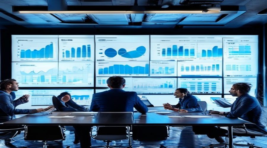 Business analytics dashboard during strategy review session